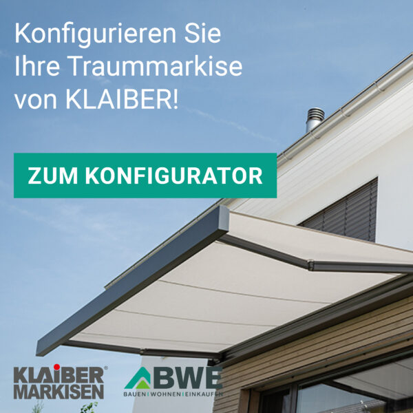 Stimmungsaufnahme Klaiber Markise weiß mit Werbung für Klaiber-Konfigurator | BWE, Unterschleißheim