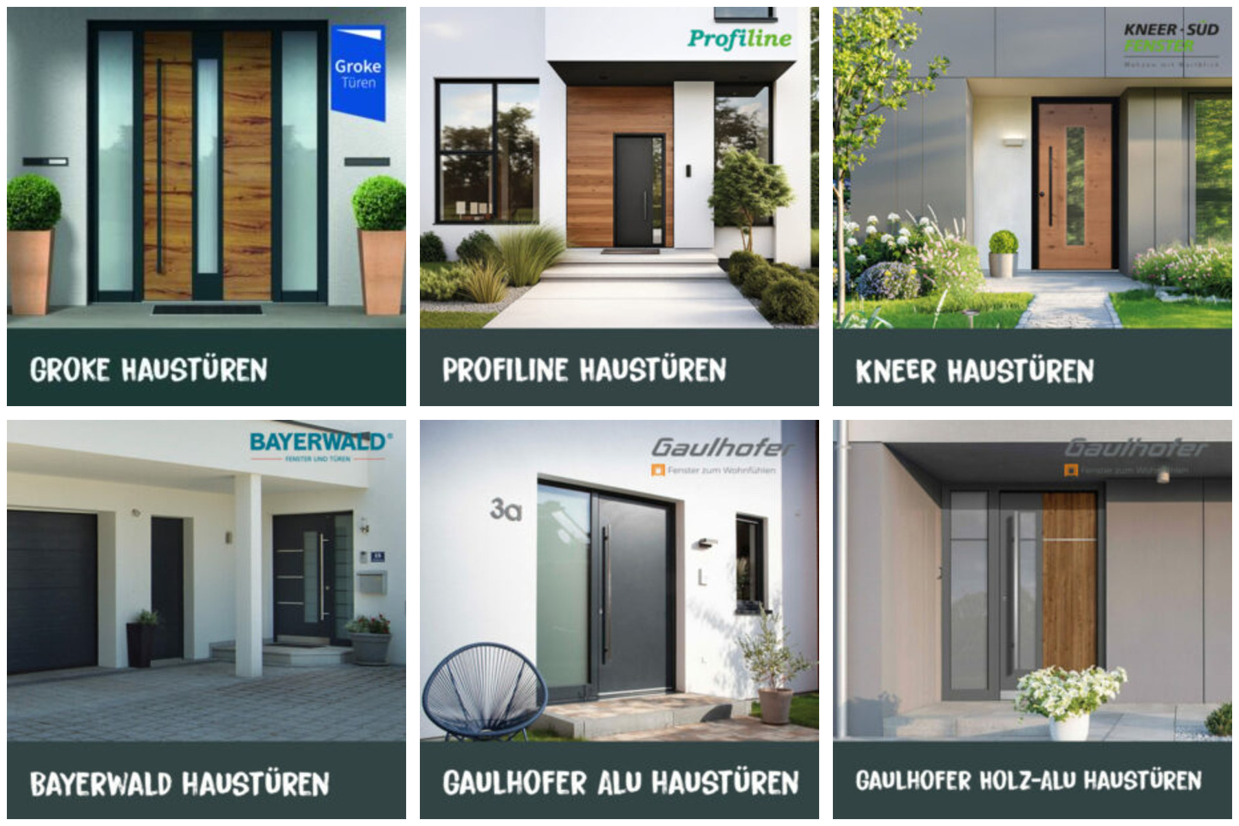 Haustür-Konfiguratoren im Überblick Übersicht mit sechs Haustür-Konfiguratoren von Groke, Profiline, Kneer, Bayerwald und Gaulhofer in einem 3×2-Raster.